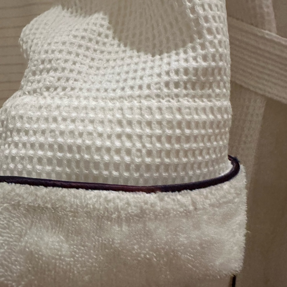 Brooks Brothers White Cream Waffle Knit Robe with dark trim | Small - Picture 4 of 7